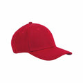 A Beechfield BC820 baseball cap, featuring a plain red design with a curved brim and six panels, displayed against a white background.