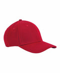 A plain red Beechfield BC820 baseball cap with a curved brim and six panels. The cap has a button on top and ventilation eyelets on each panel for breathability.