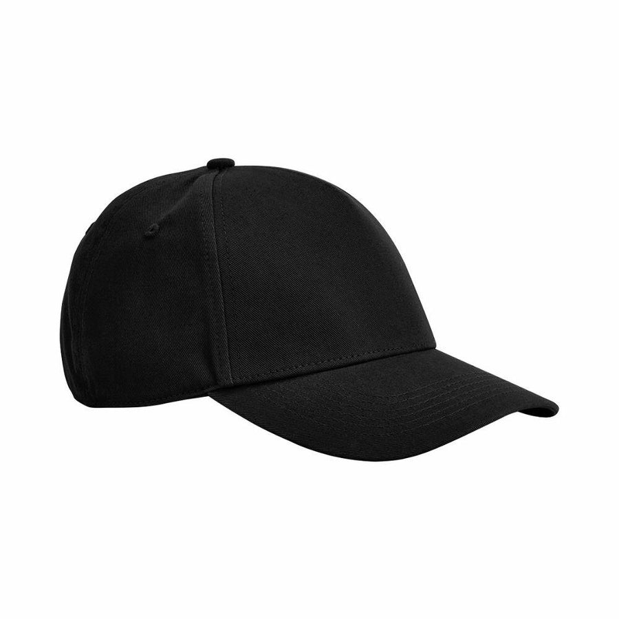 The BC825 by Beechfield is a plain black baseball cap featuring a curved brim and six panels.