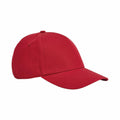 A Beechfield baseball cap, model BC825, featuring a plain red design with a curved brim, displayed against a white background.
