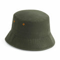 Introducing the Beechfield BC84R, a dark green bucket hat with orange eyelets on each side. It features a wide stitched brim and boasts a minimalist design.