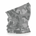 Beechfield BC900 neck gaiter in a gray camo pattern, displayed upright against a white background.