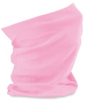 The Beechfield BC900 neck gaiter, crafted from soft, lightweight fabric in a pink hue, is displayed on a plain white background. It is elegantly draped to highlight its texture and flexibility.
