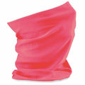 Bright pink Beechfield BC900 neck gaiter featuring a smooth, fabric texture. The upright tubular cloth highlights its flexible and stretchy material.