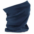 The Beechfield BC900 neck gaiter, in a dark blue color, is displayed against a plain white background. The smooth fabric is slightly gathered, highlighting its stretchy, tubular design.