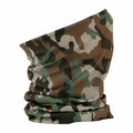 A Beechfield neck gaiter, model BC900, featuring a green, brown, and beige camouflage pattern, folded and standing upright.