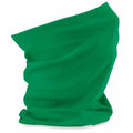 The Beechfield BC900 is a vibrant green neck gaiter with a smooth texture and lightweight fabric, designed to highlight its versatile and multipurpose use, ideal for outdoor activities.