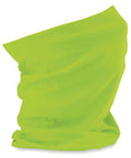 A Beechfield BC900 neck gaiter, in a vibrant neon green color, is folded and displayed against a plain white background. The fabric looks smooth and lightweight.
