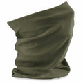 Introducing the Beechfield BC900: a green, versatile neck gaiter crafted from soft, stretchy fabric. It can be used as a face covering, headband, or neck warmer and is displayed upright for convenience.