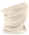 The Beechfield BC900 neck gaiter is elegantly draped and folded, highlighting its soft, slightly textured beige fabric, and it stands upright against a plain white background.