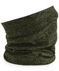 A BC901 neck gaiter by Beechfield, featuring a dark green heathered pattern for a casual and versatile look suitable for outdoor activities or everyday use, is displayed against a white background.