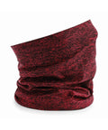 The BC901 neck gaiter by Beechfield is showcased on a plain white background, featuring its red and black speckled design. The fabric is gathered and draped to highlight its stretchy and textured material.