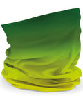 The Beechfield BC905 neck gaiter features a gradient design that transitions from deep green at the top to bright yellow at the bottom.
