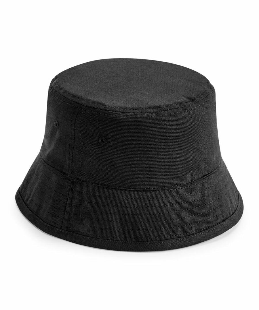 A Beechfield BC90N bucket hat in plain black, featuring visible stitching on the brim and sides, set against a white background.