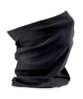 A Snoods black tubular neck gaiter made of soft, stretchy fabric stands upright on a white background, showing its smooth material with subtle folds and creases.