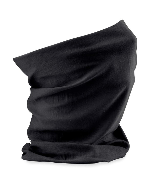 A Snoods black tubular neck gaiter made of soft, stretchy fabric stands upright on a white background, showing its smooth material with subtle folds and creases.