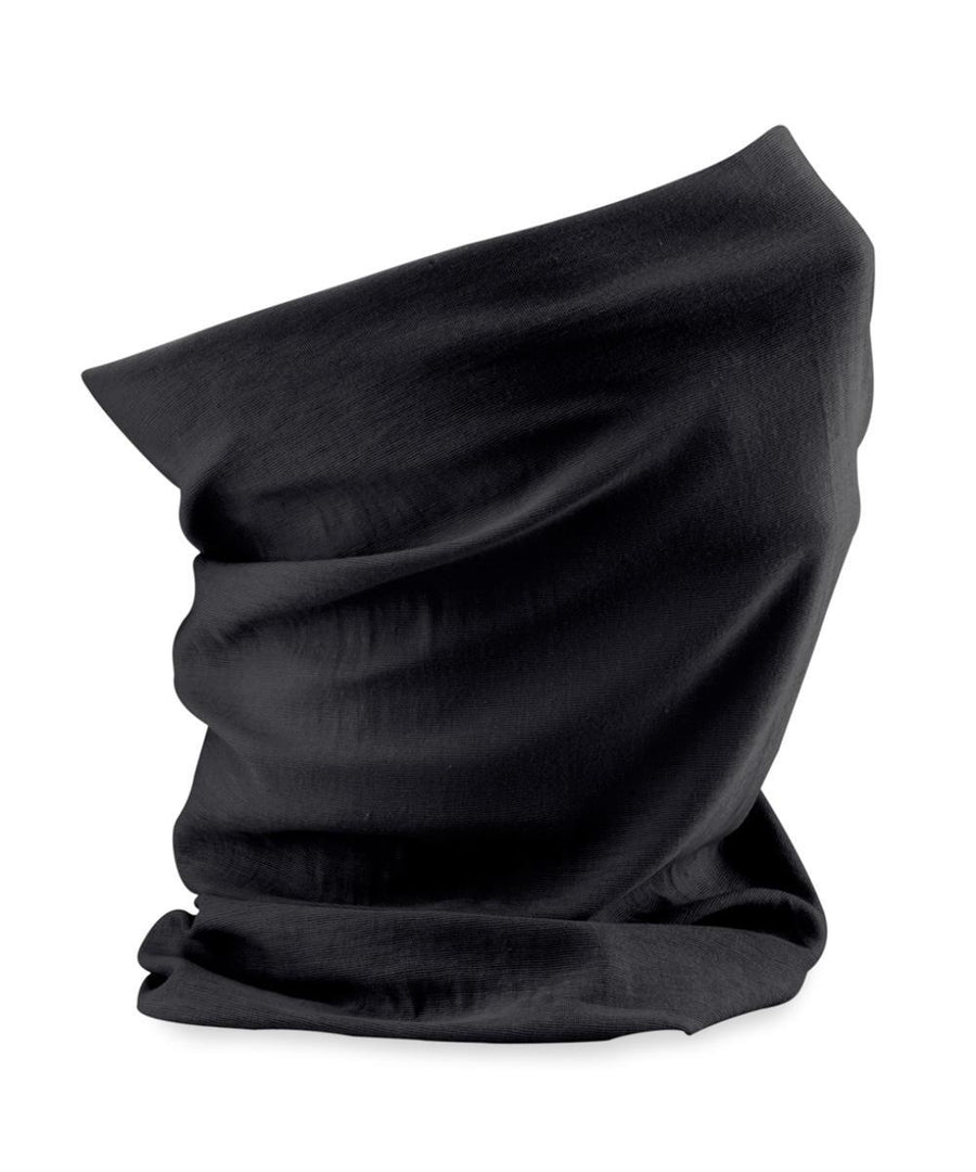 A Snoods black tubular neck gaiter made of soft, stretchy fabric stands upright on a white background, showing its smooth material with subtle folds and creases.