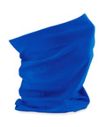 A Snoods blue fabric neck gaiter stands upright on a white background, displaying visible folds and creases in the material.