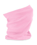 A Snoods neck gaiter in light pink, crafted from soft, smooth fabric with a subtly gathered look, is shown upright against a plain white background.