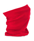 A vivid red snood seamless tubular fabric, often called a neck gaiter or buff, is shown standing upright with slight folds against a white background.