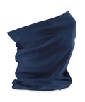 A Snoods dark blue fabric neck gaiter stands upright on a white background, displaying soft folds and slight draping that highlight its stretchy, seamless design.