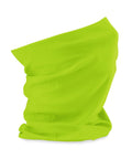 A Snoods neon green fabric neck gaiter stands upright against a white background, with a smooth texture and slight gathering at the bottom.