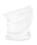 A Snoods neck gaiter, made from plain white fabric, stands upright against a white background. The material looks soft and stretchy with subtle folds, featuring no patterns or logos.