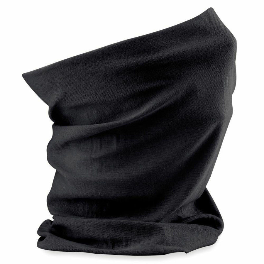 The Beechfield BC915 features a black fabric neck gaiter with a smooth texture, elegantly gathered in soft folds.