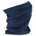 A Beechfield BC915 neck gaiter in blue, featuring a smooth texture, draped and arranged to stand upright against a white background.