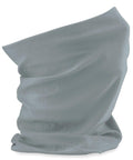 The Beechfield BC915 neck gaiter in light grey is showcased, elegantly draped to highlight its soft fabric texture and material. It looks lightweight and versatile, making it ideal for use as a face covering or scarf.
