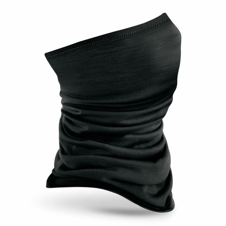 The Beechfield BC916 neck gaiter in black fabric stands upright against a white background.