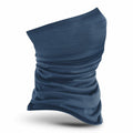 Beechfield's BC916, a dark blue neck gaiter that is lightweight and stretchy, is folded and standing upright against a white background.