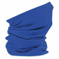 A Beechfield BC920 neck gaiter in blue, featuring folds and a tubular shape against a white background.
