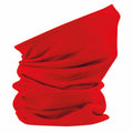 A vibrant red neck gaiter with a gathered fabric design from Beechfield, known as the BC920.