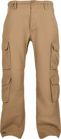 The BD003 khaki cargo pants by Build Your Brandit feature multiple pockets and a button closure, displayed against a white background.