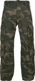 Introducing the "BD003" cargo pants from Build Your Brandit, featuring a green camouflage pattern with shades of green and brown. These pants come equipped with multiple side pockets and a secure button and zipper closure.
