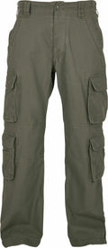 The BD003 pants by Build Your Brandit are olive green cargo pants featuring a straight leg fit. They come equipped with multiple pockets, including six spacious ones on the sides and two standard pockets in the front, and also have belt loops at the waist.