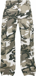 The BD003 camouflage cargo pants by Build Your Brandit come in various shades of green, brown, and beige. They feature multiple pockets and a button closure, making them ideal for outdoor or casual wear.