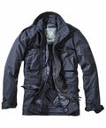 The BD308 by Build Your Brandit is a dark-colored jacket featuring multiple pockets, an unzipped front, and a visible inner lining when laid flat.