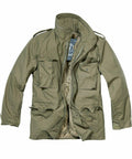 The BD308 from Build Your Brandit is an olive green military-style jacket featuring a standing collar and four front pockets.