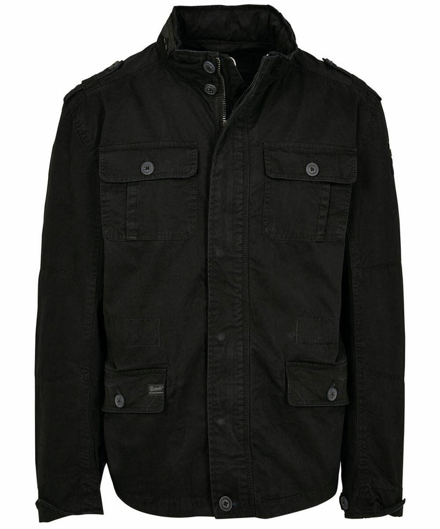 A military-style jacket in black featuring four front pockets and a high collar from Build Your Brandit, called BD316.