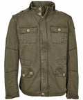 BD316 by Build Your Brandit is an olive green military-style jacket featuring four front pockets and button detailing.