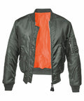 The BD349 bomber jacket by Build Your Brandit comes in olive green with a vivid orange lining, boasting a front zipper along with a zippered pocket on the sleeve.