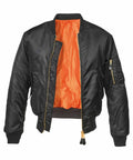 The BD349 by Build Your Brandit is a black bomber jacket featuring an open front that reveals an orange lining. It includes ribbed cuffs and hem, a zip pocket on the sleeve, and gold zipper details.