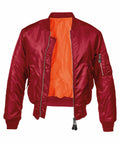 Introducing the BD349 by Build Your Brandit: a striking red bomber jacket with an open front, orange interior, and stylish zipper and pocket details.