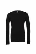 BE044: Bella + Canvas black crew neck long-sleeve t-shirt showcased on a white background.