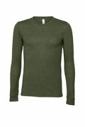 A long-sleeve olive green shirt with a crew neck from Bella + Canvas (Product Name: BE044), displayed on a plain white background.