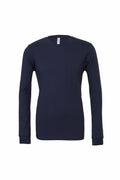 Product BE044, a long-sleeve shirt in a solid dark blue color from Bella + Canvas, featured against a white background.