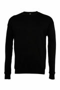 Product: BE045, Bella + Canvas crew neck sweatshirt in plain black with long sleeves is displayed against a white background, offering a front view of the garment.