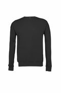 A plain black sweatshirt from the Bella + Canvas BE045 collection is showcased from the back. It features long sleeves and a round neckline, made from soft fabric with ribbed cuffs and hem, embodying a simple and minimalist design.